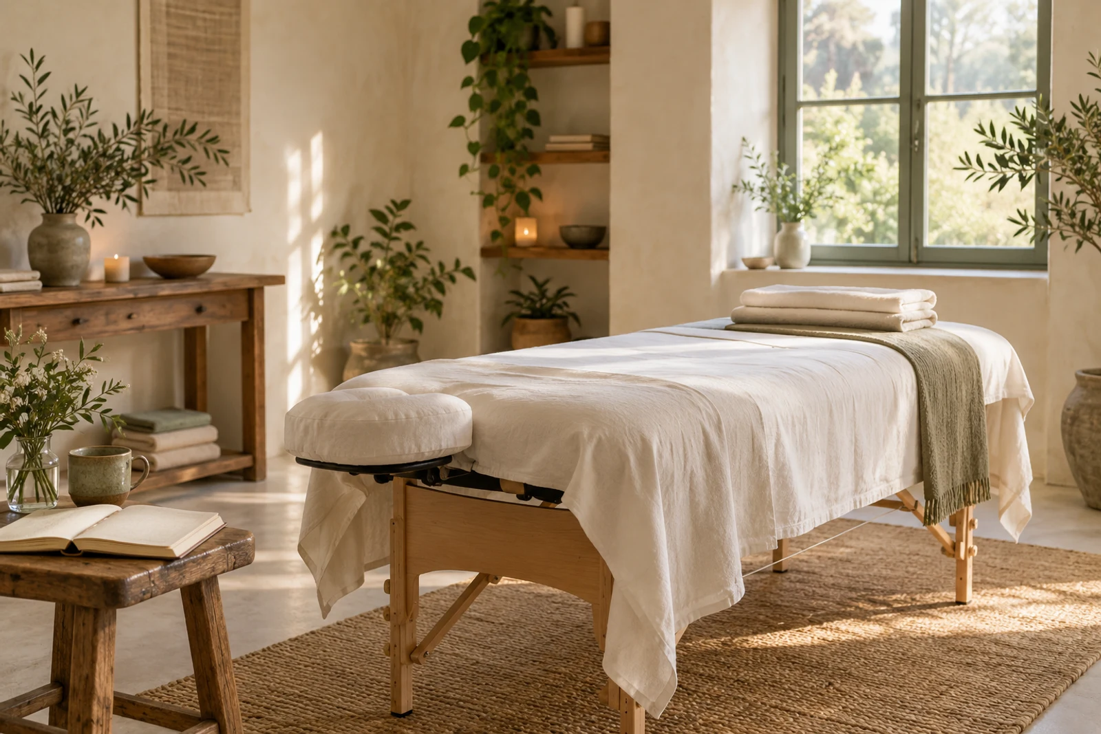 Illustrative teaching studio with a linen-covered treatment couch, folded towels and a notebook in soft natural light