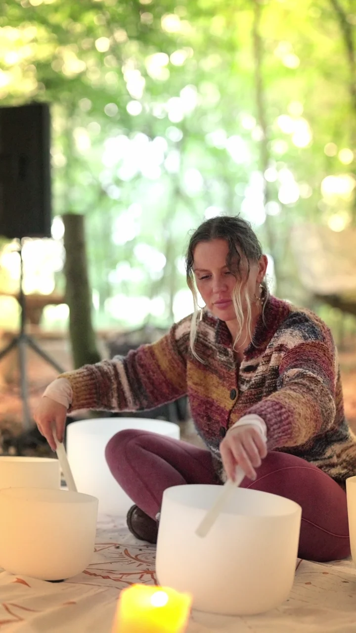 Crystal singing bowls played during a Mayan woodland sound bath